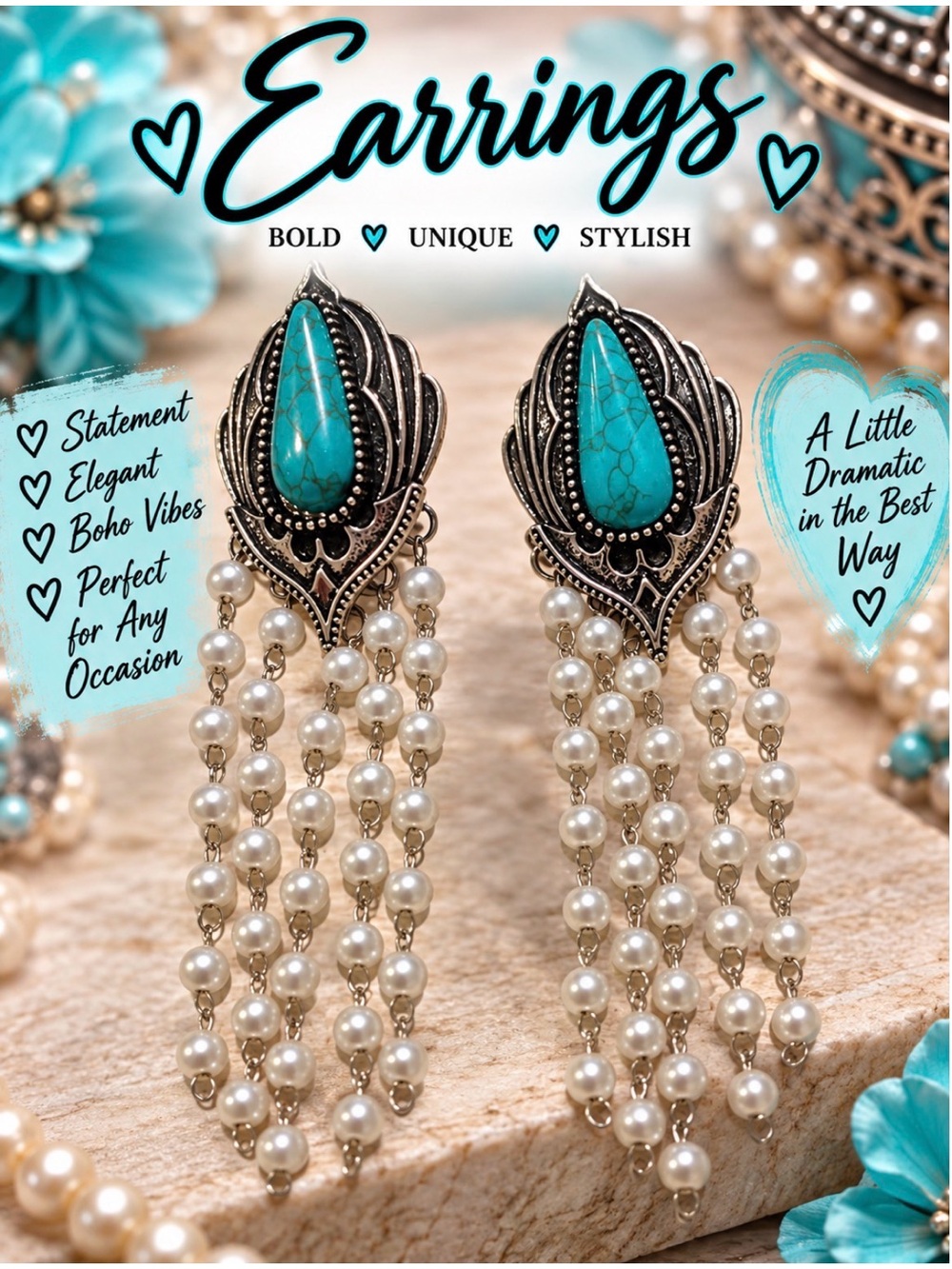 Turquoise Teardrop Pearl Fringe Earrings - Fashion Jewelry